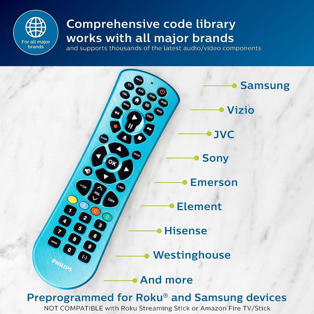 Philips Universal Remote Control Replacement for Samsung, Vizio, LG, Sony, Sharp, Roku, Apple TV, RCA, Panasonic, Smart TVs, Streaming Players, Blu-ray, DVD, Simple Setup, 6 Device, Blue, SRP6249B/27