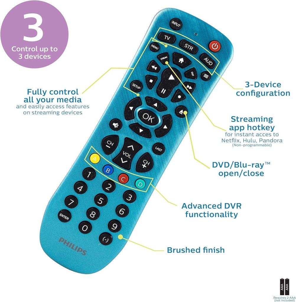 Philips Universal Remote Control Replacement for Samsung, Vizio, LG, Sony, Sharp, Roku, Apple TV, RCA, Panasonic, Smart TVs, Streaming Players, Blu-ray, DVD, Simple Setup, 6 Device, Blue, SRP6249B/27