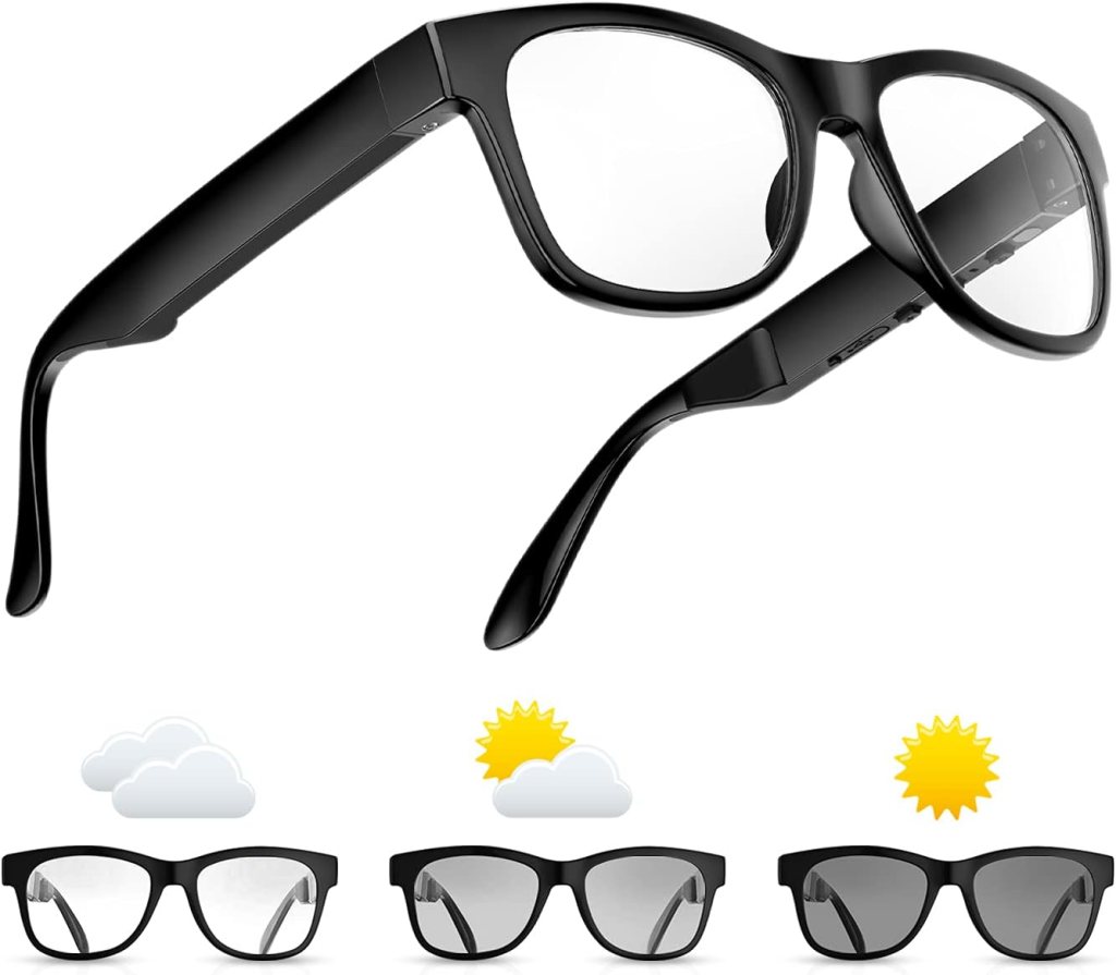 QZTELECTRONIC Bone Conduction Glasses, Open-Ear Headphones Bluetooth, Photochromic Sunglasses Anti Blue Ray, IP6 Waterproof Audio Glasses, Hand-Free Calling and Music, Smart Glasses for Women and Men