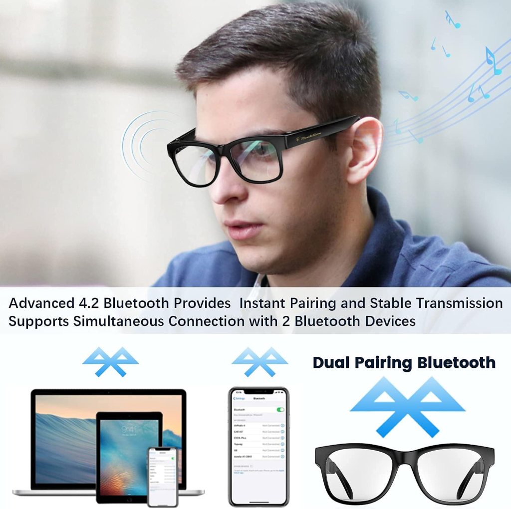 QZTELECTRONIC Bone Conduction Glasses, Open-Ear Headphones Bluetooth, Photochromic Sunglasses Anti Blue Ray, IP6 Waterproof Audio Glasses, Hand-Free Calling and Music, Smart Glasses for Women and Men