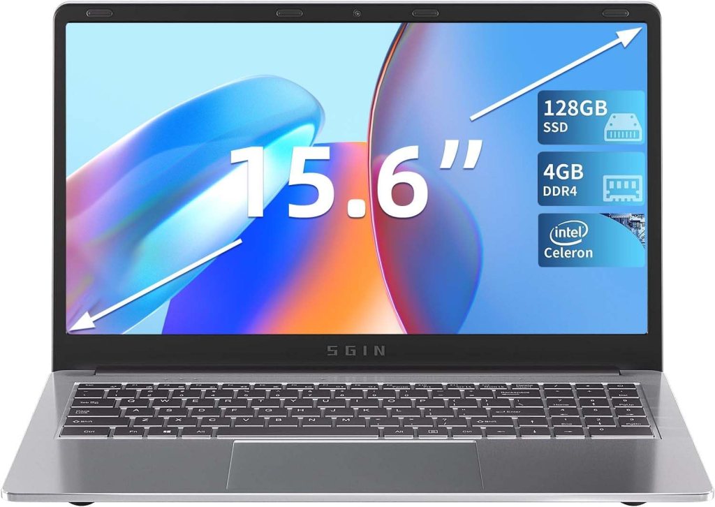 SGIN 4GB DDR4 RAM 128GB SSD Notebook, 15.6 Inch Laptop, Computer with Intel Celeron Processor, Intel UHD Graphics 600, USB3.0, Mini HDMI, Webcam, Wi-Fi, Bluetooth 4.2