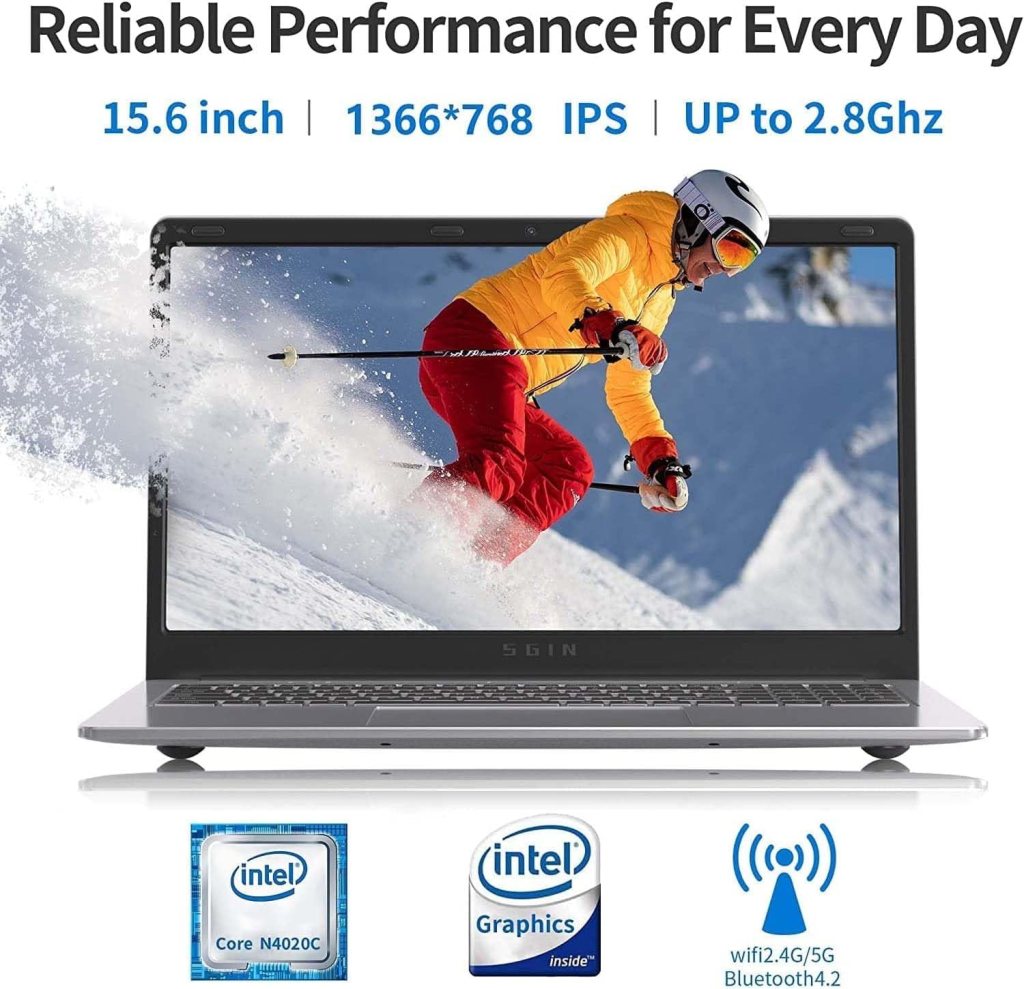 SGIN 4GB DDR4 RAM 128GB SSD Notebook, 15.6 Inch Laptop, Computer with Intel Celeron Processor, Intel UHD Graphics 600, USB3.0, Mini HDMI, Webcam, Wi-Fi, Bluetooth 4.2