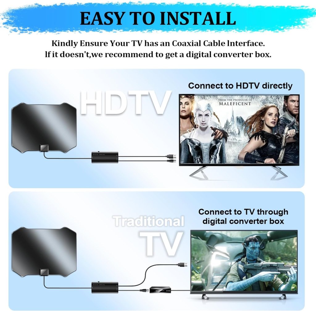 2024 Upgraded TV Antenna Digital Indoor - Outdoor Smart Antenna Long Range 460+ Miles - Amplifier Support 8K 4K 1080p All TVs Free Channels VHF UHF -Signal Booster 360°Reception - HDTV Cable