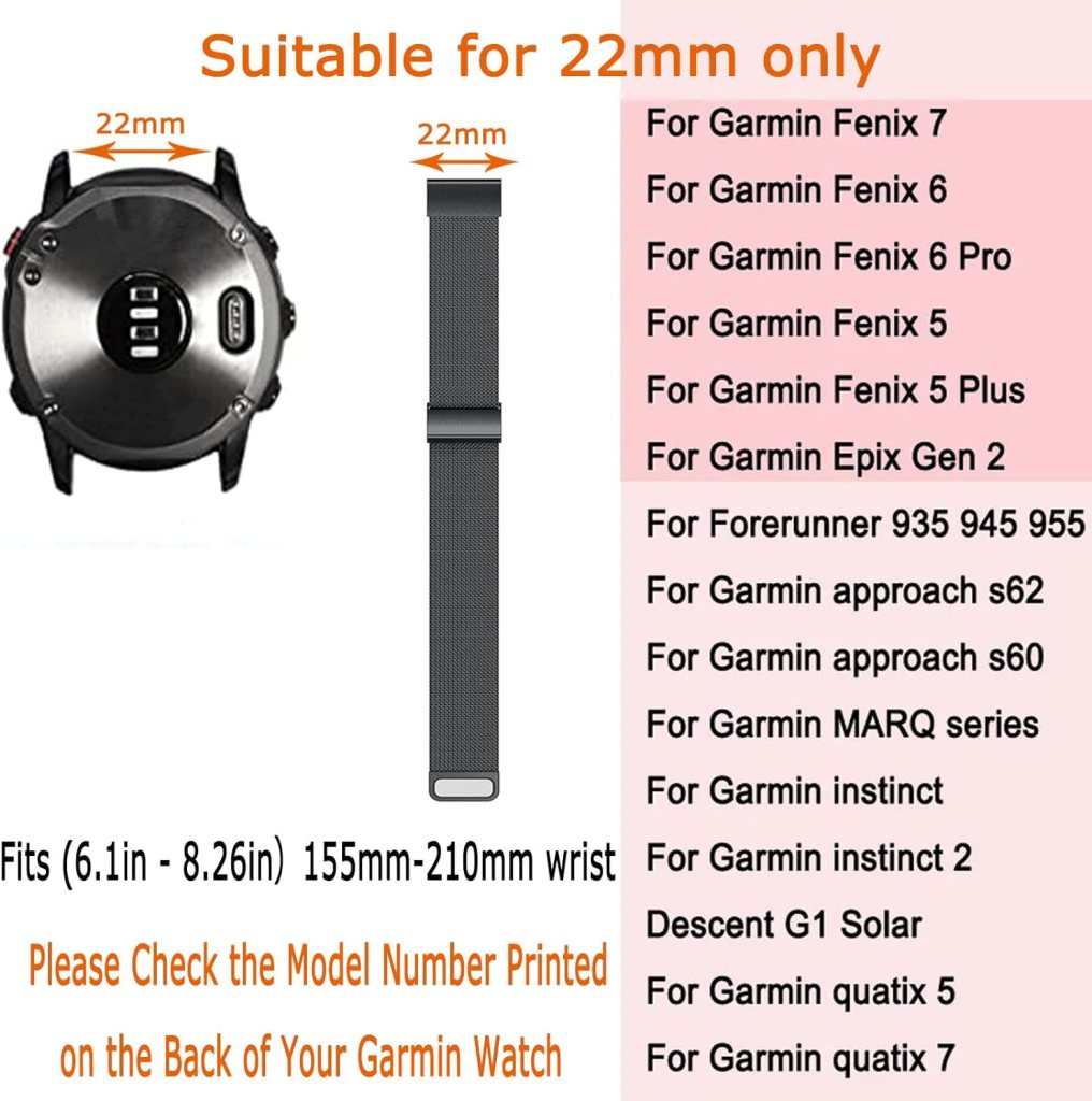 22mm Quick Easy Fit Milanese Loop Metal Watch Band, Compatible with Garmin Fenix 5/Fenix 5 Plus/Fenix 6/Fenix 6 Pro/Fenix 7/Forerunner 935/Forerunner 945/Approach S60/S62, Mesh Loop Stainless Steel Magnetic Clasp Replacement Wrist Watch Band Strap for Garmin Fenix Smartwatch 22mm Quick Easy Fit Milanese Loop Metal Watch Band, Compatible with Garmin Fenix 5/Fenix 5 Plus/Fenix 6/Fenix 6 Pro/Fenix 7/Forerunner 935/Forerunner 945/Approach S60/S62, Mesh Loop Stainless Steel Magnetic Clasp Replacement Wrist Watch Band Strap for Garmin Fenix Smartwatch