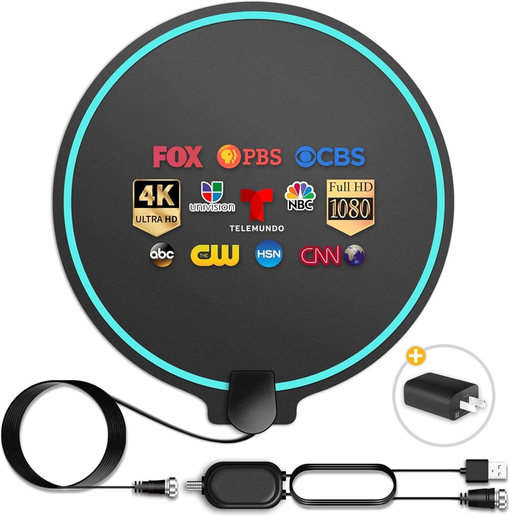 Digital HDTV Antenna Long Range 380 Miles Indoor Amplified Signal Booster Support 4K 1080P UHF VHF FM Local Channels with 13.4ft Coax Cable and USB Power Adapter