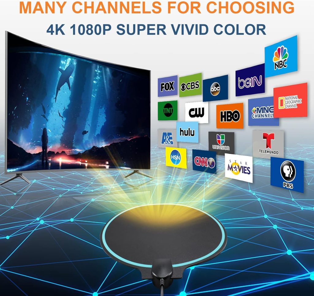 Digital HDTV Antenna Long Range 380 Miles Indoor Amplified Signal Booster Support 4K 1080P UHF VHF FM Local Channels with 13.4ft Coax Cable and USB Power Adapter