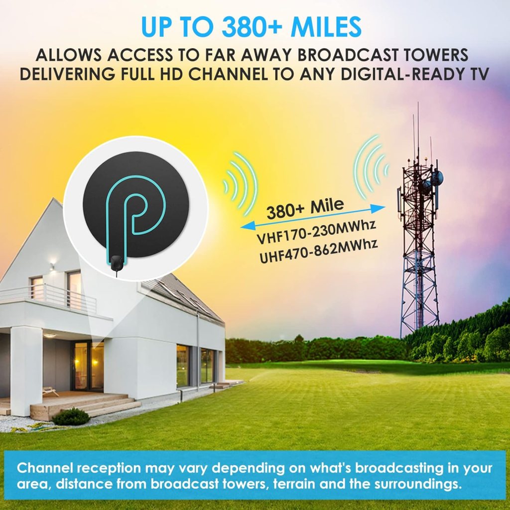 Digital HDTV Antenna Long Range 380 Miles Indoor Amplified Signal Booster Support 4K 1080P UHF VHF FM Local Channels with 13.4ft Coax Cable and USB Power Adapter