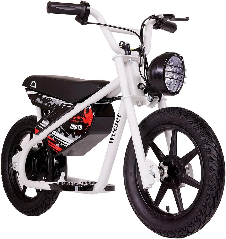 Droyd Weeler Electric Mini Bike - Electric Bike for Kids Ages 6  Up - 200W Electric Bike w 6.2-10MPH up to 8 Miles - E Bike for Kids up to 45 Mins Run Time w 14in Tire, 24V 8Ah Battery