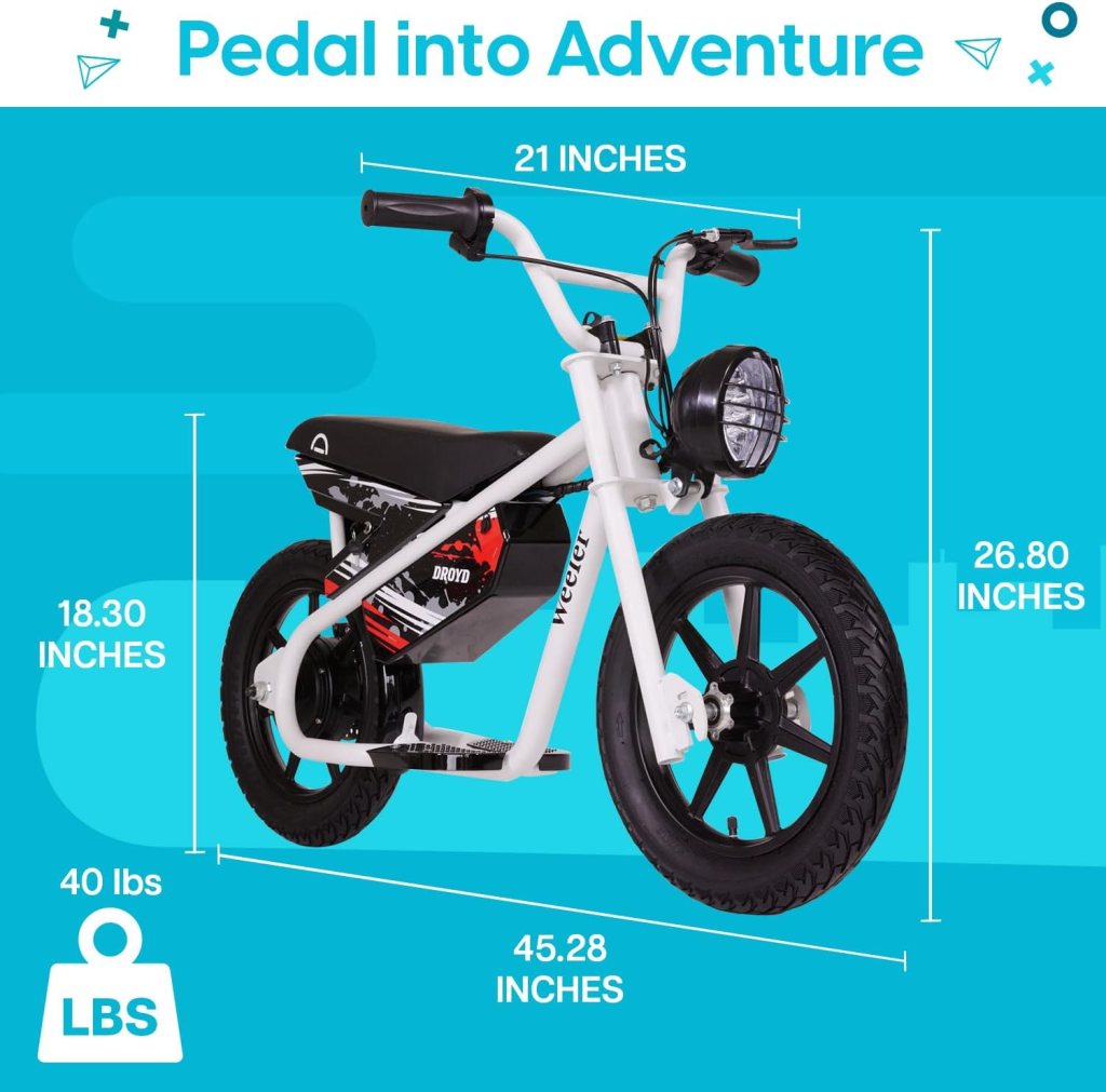 Droyd Weeler Electric Mini Bike - Electric Bike for Kids Ages 6  Up - 200W Electric Bike w 6.2-10MPH up to 8 Miles - E Bike for Kids up to 45 Mins Run Time w 14in Tire, 24V 8Ah Battery
