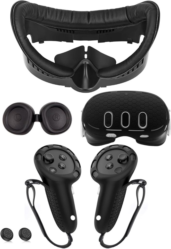 Facial Interface Accessoris Set for Meta Quest 3, Frame  Leather Foam Face Cover  Silicone Controller Grips Cover, Lens and Shell Protective Anti-Leakage Nose Pad for Oculus Quest 3