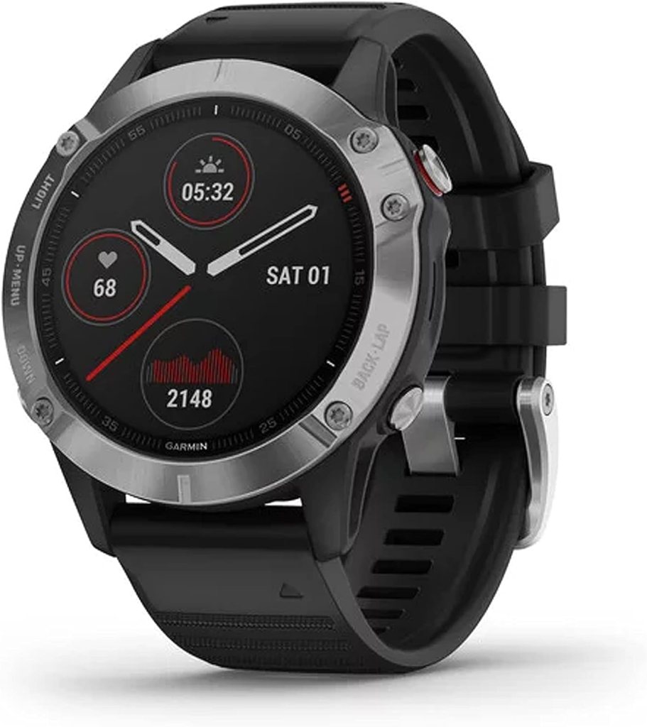 Garmin fenix 6, Premium Multisport GPS Watch, Heat and Altitude Adjusted V02 Max, Pulse Ox Sensors and Training Load Focus, Silver with Black Band