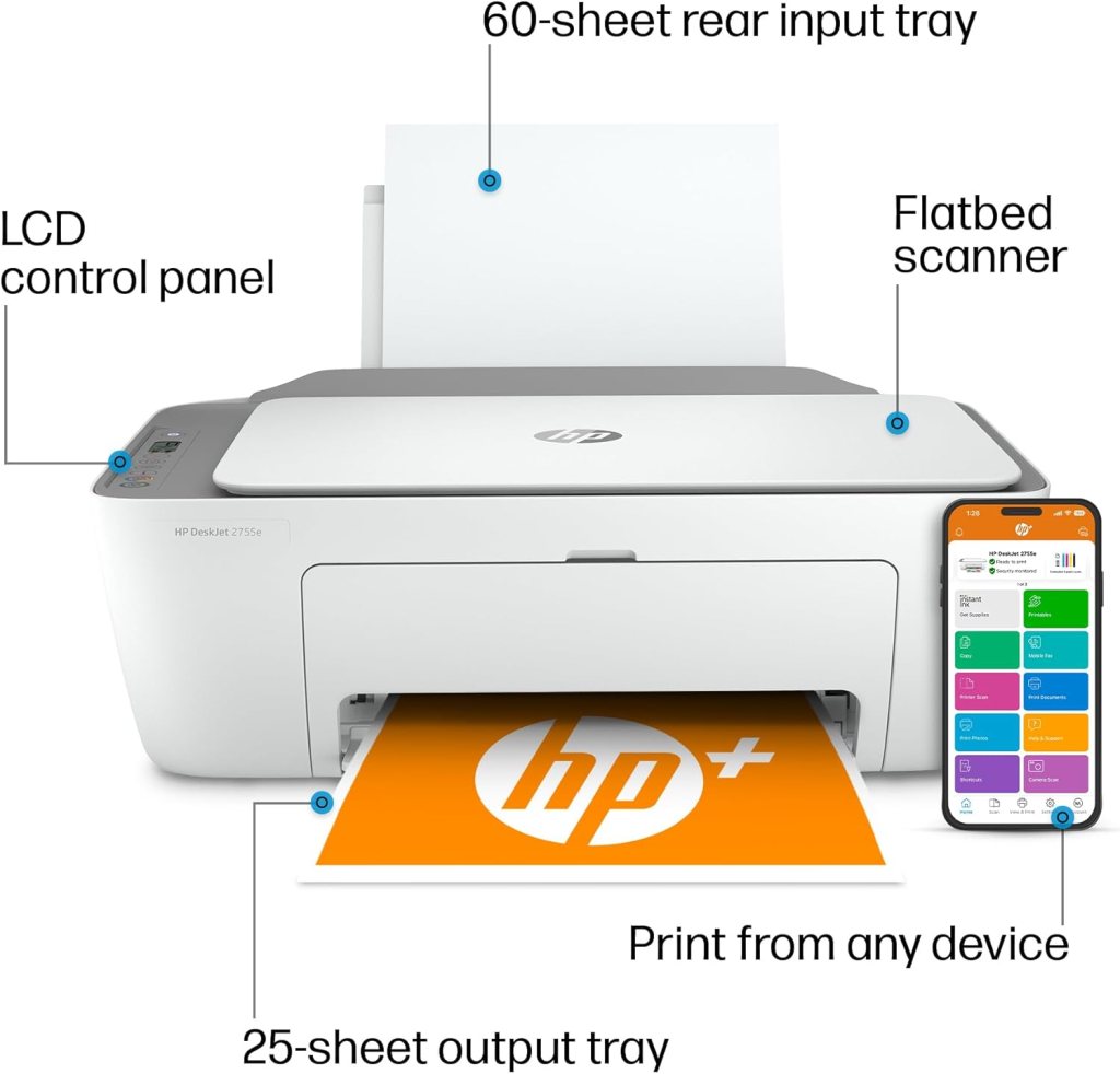 HP DeskJet 2755e Wireless Color inkjet-printer, Print, scan, copy, Easy setup, Mobile printing, Best-for home, Instant Ink with HP+,white