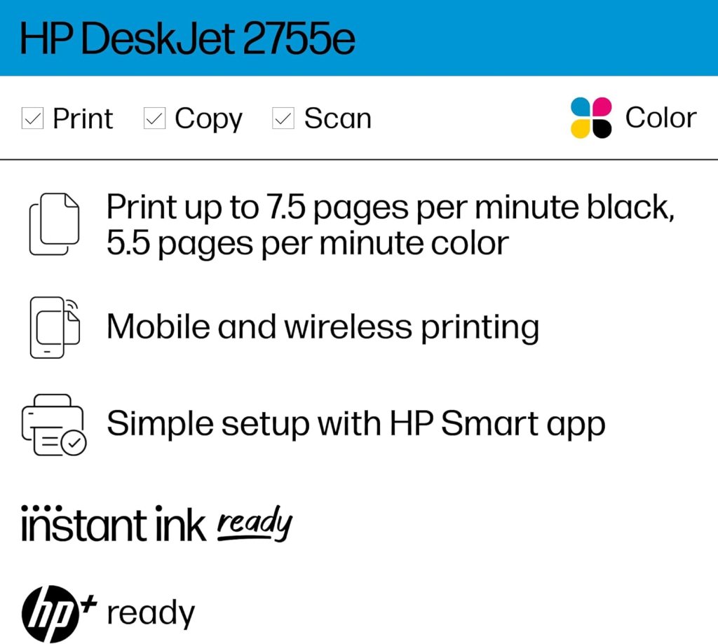 HP DeskJet 2755e Wireless Color inkjet-printer, Print, scan, copy, Easy setup, Mobile printing, Best-for home, Instant Ink with HP+,white