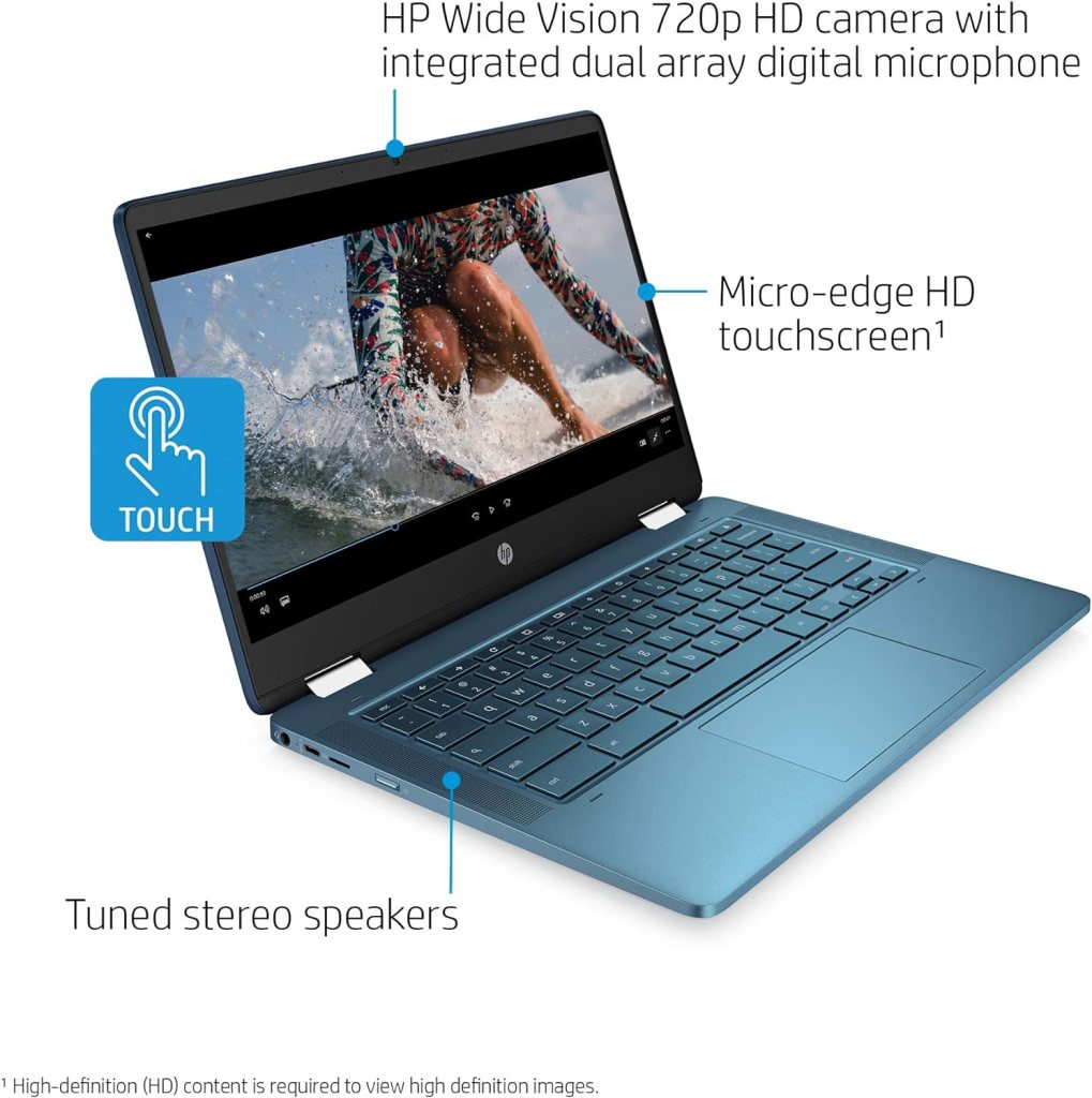 HP Laptop X360 14a Chromebook 14 HD Touchscreen, Entertaining from Any Angle Intel Celeron, 4GB DDR4 64GB eMMC WiFi Webcam Stereo Speakers Bluetooth 4.2 Chrome Blue Metallic Color