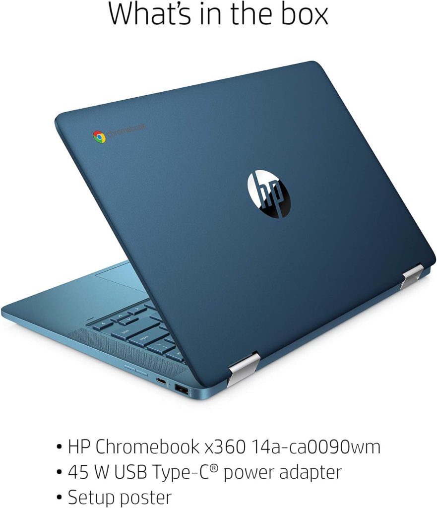 HP Laptop X360 14a Chromebook 14 HD Touchscreen, Entertaining from Any Angle Intel Celeron, 4GB DDR4 64GB eMMC WiFi Webcam Stereo Speakers Bluetooth 4.2 Chrome Blue Metallic Color