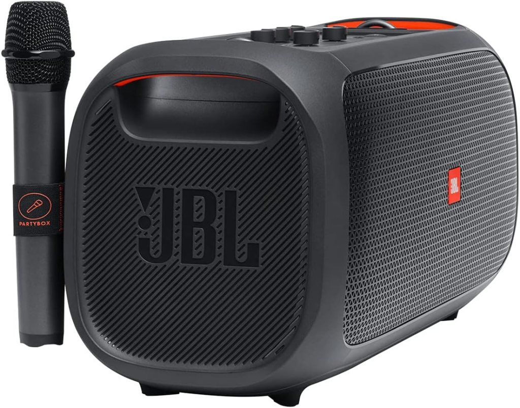 JBL PartyBox On-The-Go Powerful Portable Bluetooth Party Speaker with Dynamic Light Show  Wireless Two Microphone System with Dual-Channel Receiver