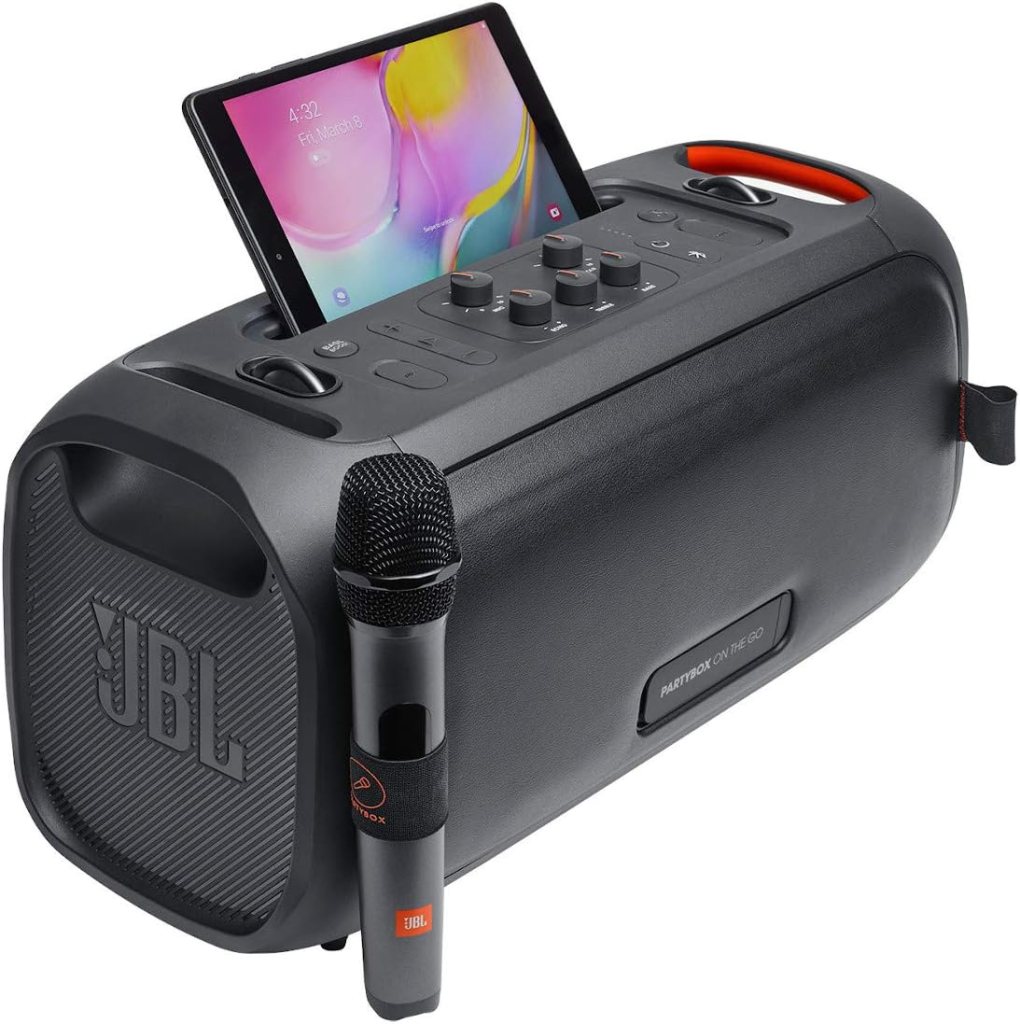 JBL PartyBox On-The-Go Powerful Portable Bluetooth Party Speaker with Dynamic Light Show  Wireless Two Microphone System with Dual-Channel Receiver