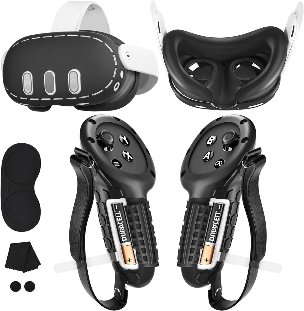 Lampelc Silicone Protective Cover Set for Oculus/Meta Quest 3 Accessories, VR Controller Grips with Battery Opening Cover  Knuckle Straps, VR Headset Shell Cover, VR Face Pad, Lens Cover Protecter