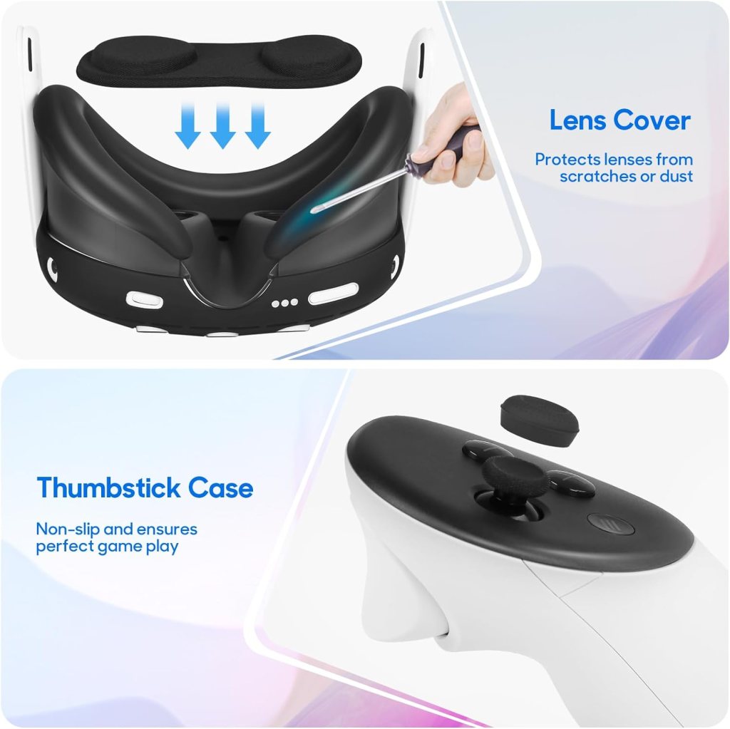 Lampelc Silicone Protective Cover Set for Oculus/Meta Quest 3 Accessories, VR Controller Grips with Battery Opening Cover  Knuckle Straps, VR Headset Shell Cover, VR Face Pad, Lens Cover Protecter