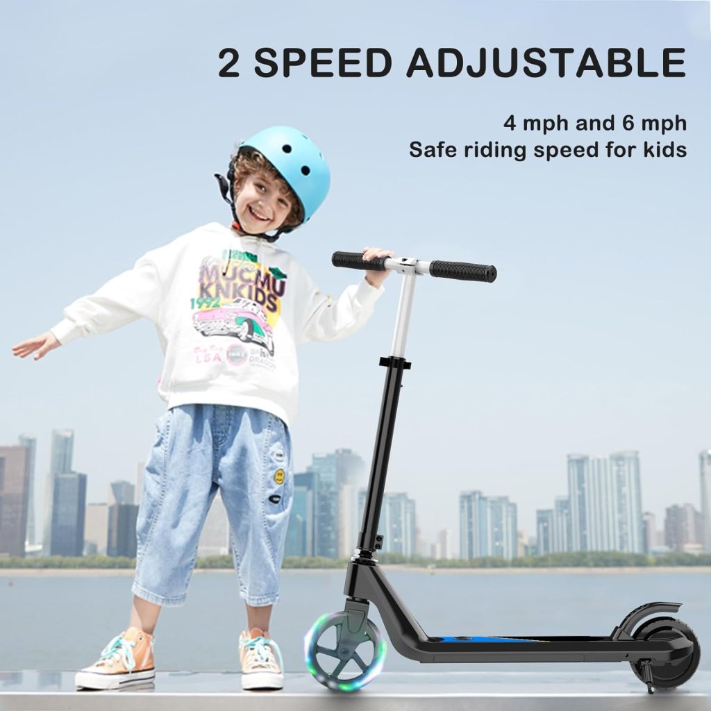 LINGTENG Electric Scooter for Kids Age of 6-10, Kick-Start Boost Kids Scooter with Adjustable Speed and Height, Kids Scooter with Flash Wheel  Deck Lights（Black）