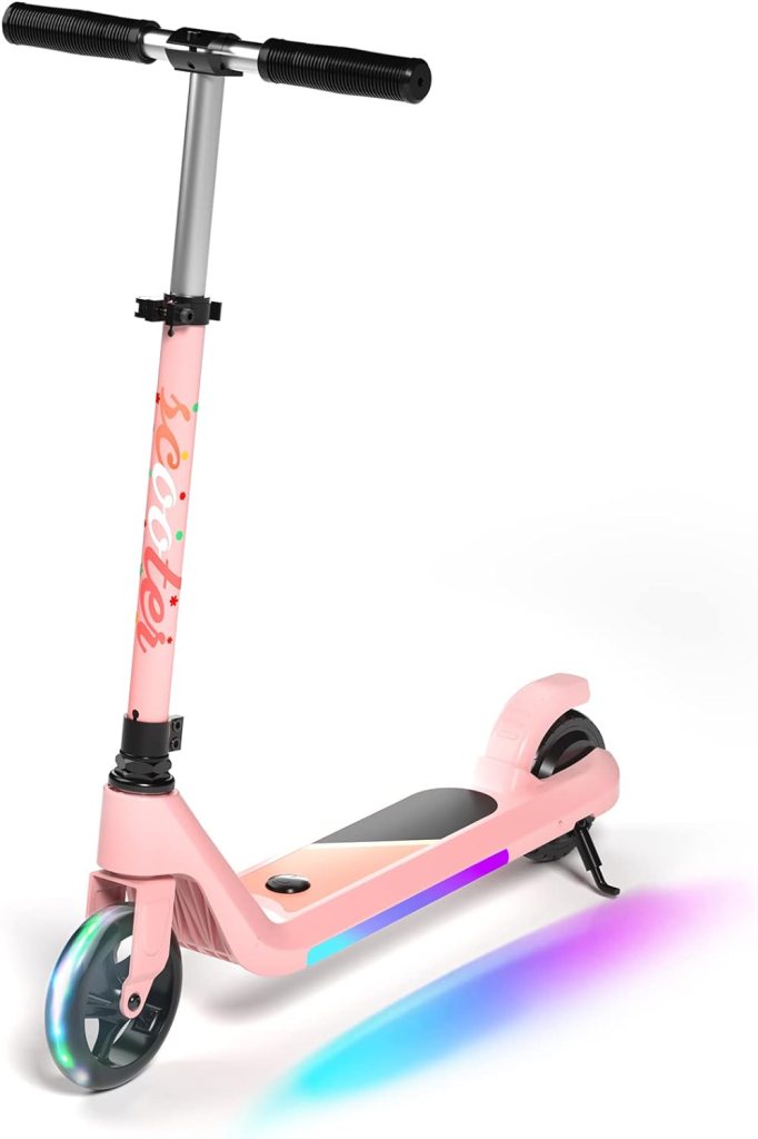 LINGTENG Electric Scooter for Kids Age of 6-10, Kick-Start Boost Kids Scooter with Adjustable Speed and Height, Kids Scooter with Flash Wheel  Deck Lights（Black）