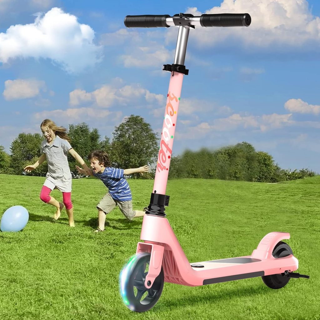 LINGTENG Electric Scooter for Kids Age of 6-10, Kick-Start Boost Kids Scooter with Adjustable Speed and Height, Kids Scooter with Flash Wheel  Deck Lights（Black）