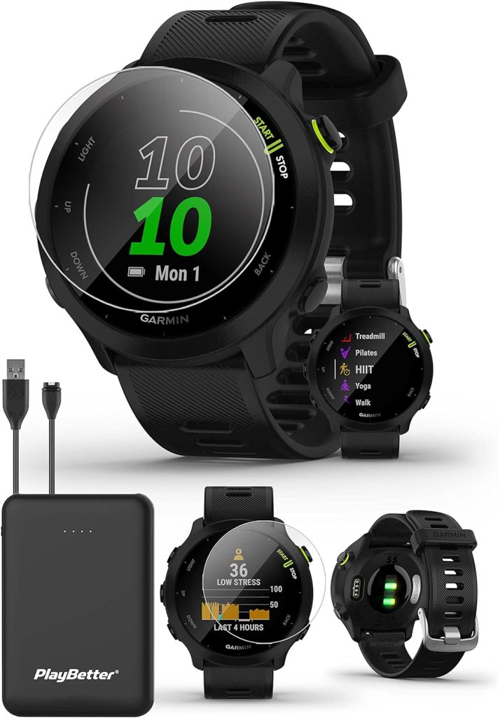PlayBetter Garmin Forerunner 55 (Black) GPS Running Watch | Beginner Friendly Heart Rate Monitor Watch with Time, Pace  Speed Tracker | Power Bundle Tempered Glass Protectors  Portable Charger