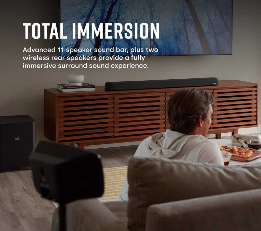 Polk Audio MagniFi Max AX SR 7.1.2 Channel Sound Bar with 10 Wireless Subwoofer  SR2 Surround Speakers, Dolby Atmos  DTS:X Certified, Black