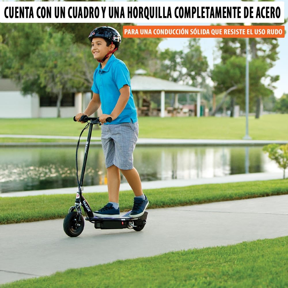 Razor E100 Glow Electric Scooter for Kids Age 8+, LED Light-Up Deck, 8 Air-filled Front Tire, Up to 40 Minutes Continuous Ride Time