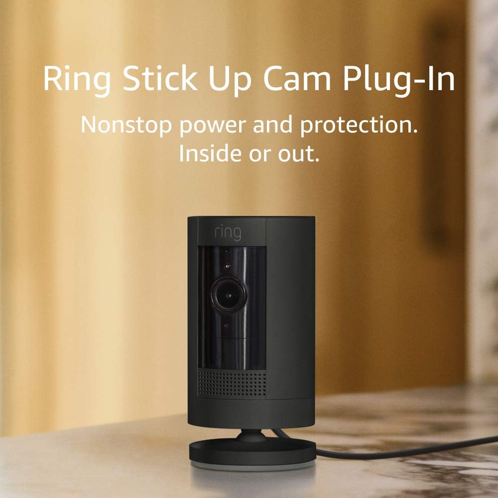 Ring Stick Up Cam Plug-In | Weather-Resistant Outdoor Camera, Live View, Color Night Vision, Two-way Talk, Motion alerts, Works with Alexa | Black