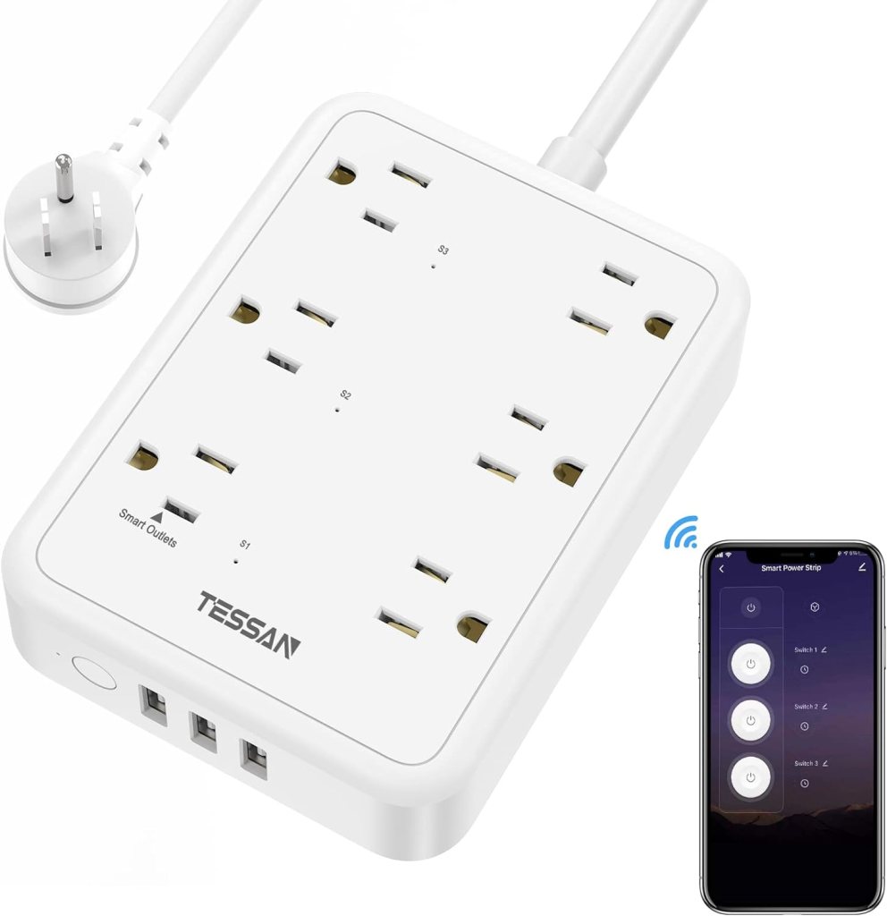 Smart Power Strip, TESSAN WiFi Flat Plug Strip with 3 Smart Outlets and 3 USB Ports, 6 Feet Extension Cord, Wall Mountable Surge Protector, Compatible with Alexa and Google Home, White Smart Power Strip, TESSAN WiFi Flat Plug Strip with 3 Smart Outlets and 3 USB Ports, 6 Feet Extension Cord, Wall Mountable Surge Protector, Compatible with Alexa and Google Home, White