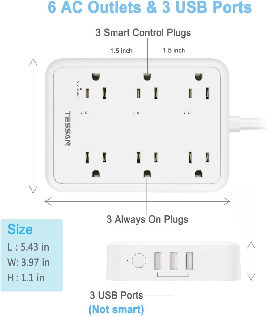 Smart Power Strip, TESSAN WiFi Flat Plug Strip with 3 Smart Outlets and 3 USB Ports, 6 Feet Extension Cord, Wall Mountable Surge Protector, Compatible with Alexa and Google Home, White Smart Power Strip, TESSAN WiFi Flat Plug Strip with 3 Smart Outlets and 3 USB Ports, 6 Feet Extension Cord, Wall Mountable Surge Protector, Compatible with Alexa and Google Home, White