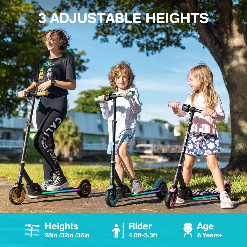 SmooSat Apex Electric Scooter for Kids Ages 8+, Bluetooth Music Speaker, 5/8/10 MPH, 60 min Ride Time, Colorful Lights, Adjustable Height, Foldable E-Scooter for Kids