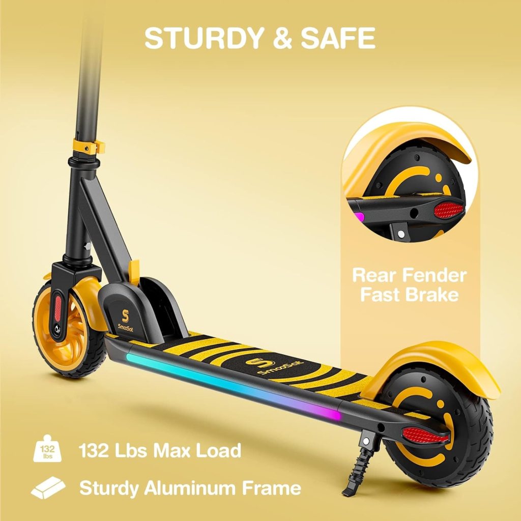 SmooSat Apex Electric Scooter for Kids Ages 8+, Bluetooth Music Speaker, 5/8/10 MPH, 60 min Ride Time, Colorful Lights, Adjustable Height, Foldable E-Scooter for Kids