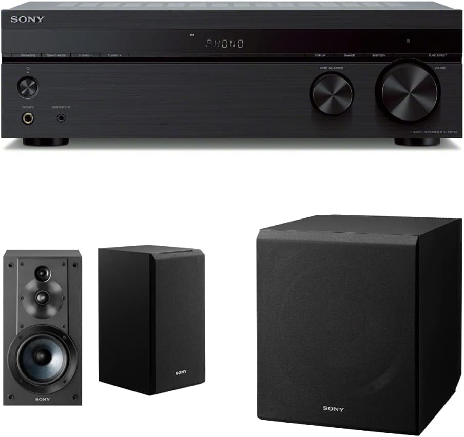 Sony STRDH190 2-ch Home Stereo Receiver with Phono Inputs  Bluetooth Black  SSCS5 3-Way 3-Driver Bookshelf Speaker System (Pair) - Black  SACS9 10-Inch Active Subwoofer,Black