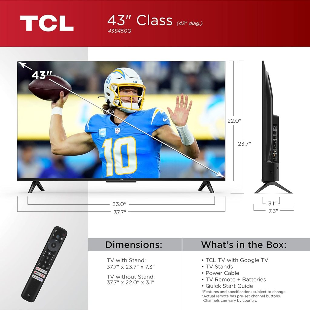 TCL 43-Inch Class S4 4K LED Smart TV with Google (43S450G, 2023 Model), Dolby Vision, HDR Pro, Atmos, Assistant Built-in Voice Remote, Works Alexa, Streaming UHD Television