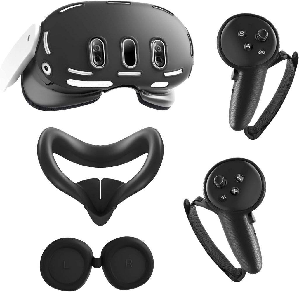 VR Touch Controller Grip Cover for Meta Quest 3 Accessories, Silicone Headset Cover, Face Cover, Protective Lens Cover, Anti-Throw Accessories Set for Quest 3(Black)