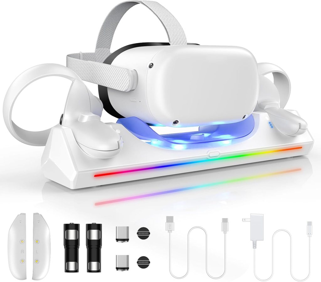 WIOR Charging Dock Compatible with Oculus Quest 2 Accessories, VR Headset Charging Stand Magnetic Charging Station for Meta Quest 2 and Touch Controllers with 2 Rechargeable Batteries/USB-C Charger