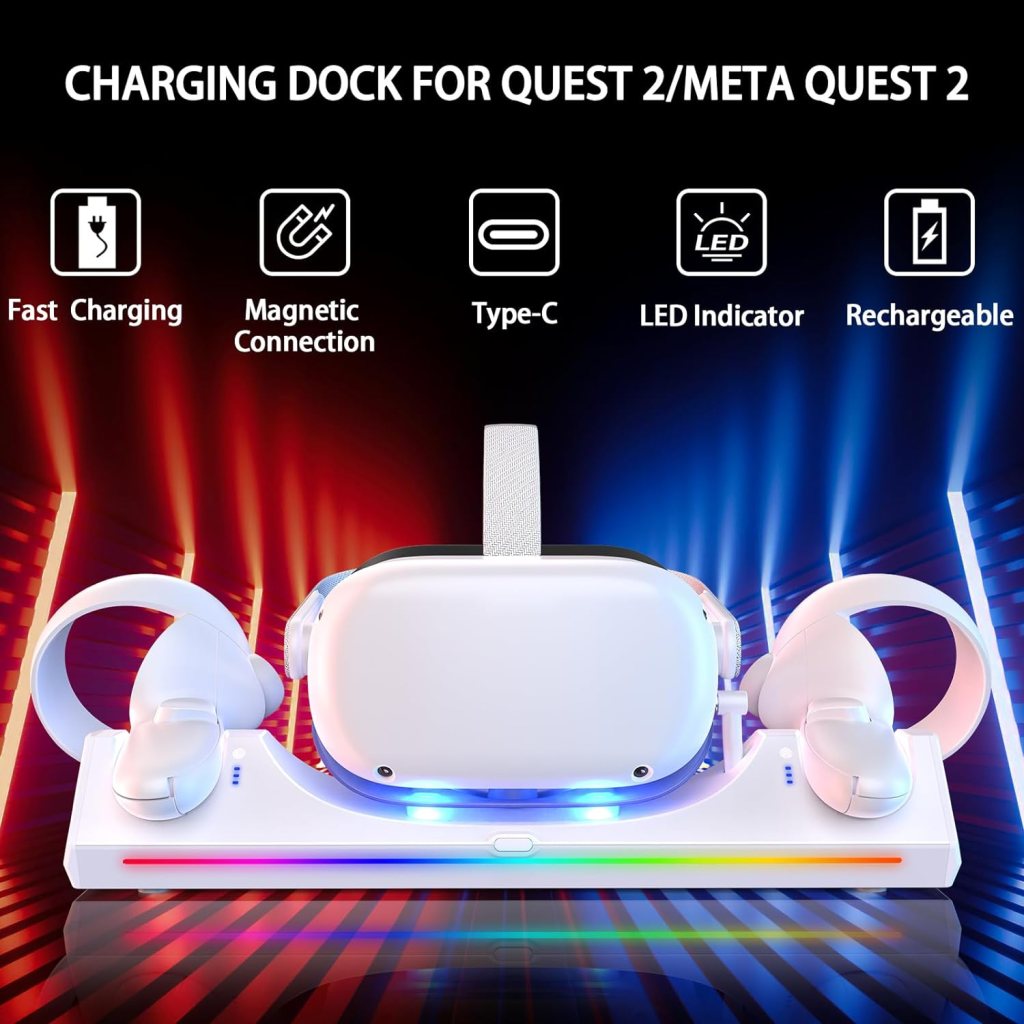 WIOR Charging Dock Compatible with Oculus Quest 2 Accessories, VR Headset Charging Stand Magnetic Charging Station for Meta Quest 2 and Touch Controllers with 2 Rechargeable Batteries/USB-C Charger