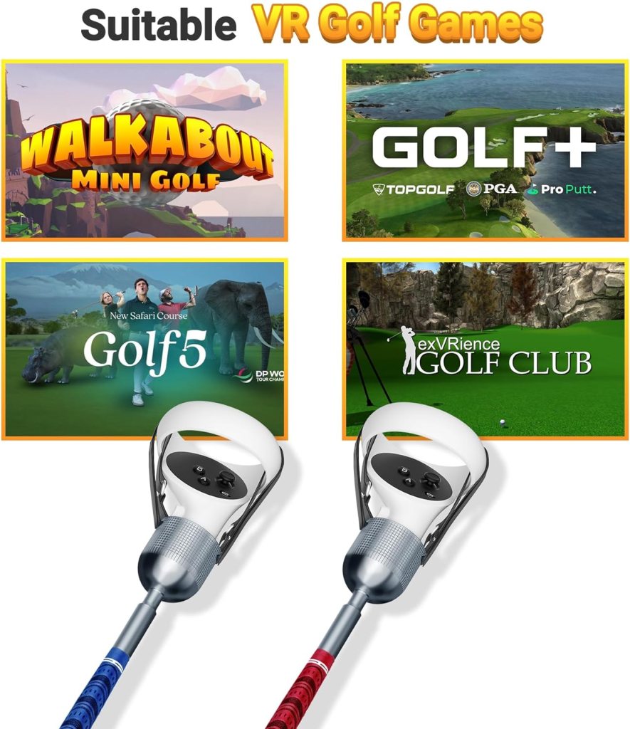 ZHGM VR Golf Club Attachment for Oculus Quest 2/ Meta Quest 2, Aluminum Golf Club Handle Accessory with Realistic Rubber Grip 2 Straps, 1: 1 Molded Controller Cup, Blue