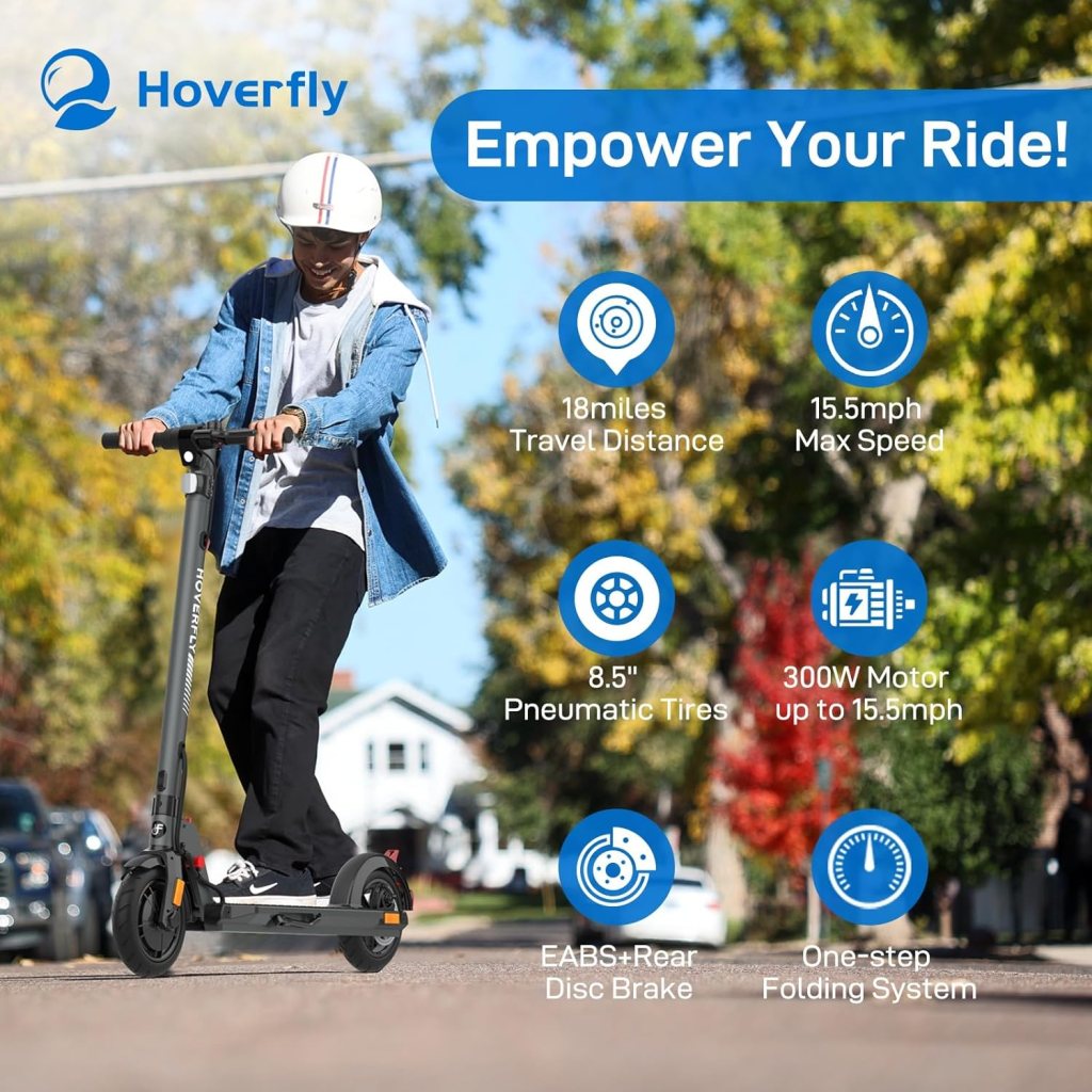HOVERFLY Electric Scooter, 6.5/8.5 Pneumatic Tire, Max 7/12/15/18 Mile  15.5 Mph Speed by 200W/250W/300W Motor, Aluminum Alloy Frame, Cruise Control Foldable Escooter for Adult Teens