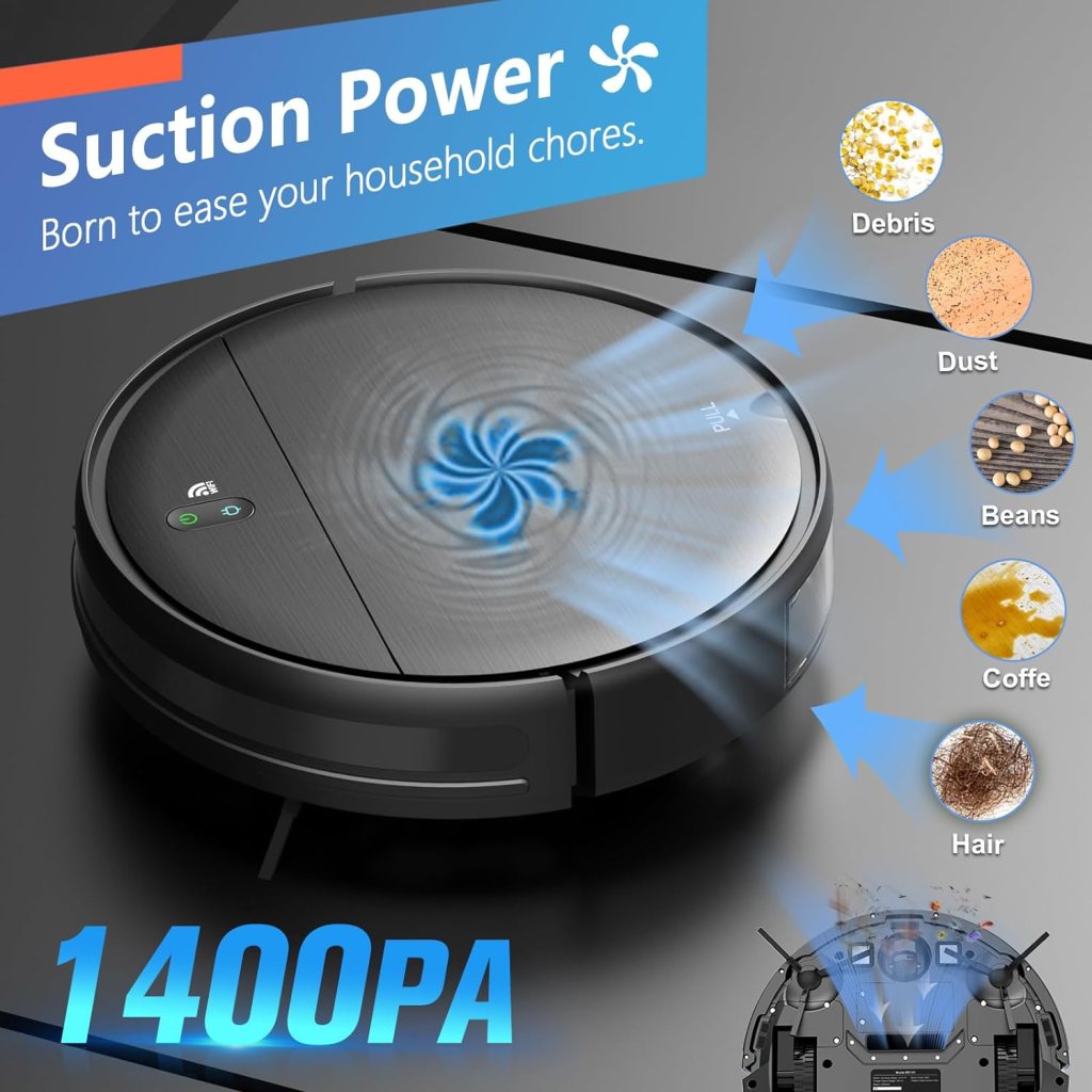 Robot Vacuum and Mop Combo, 2 in 1 Mopping Robot Vacuum Cleaner with Schedule, Wi-Fi/App/Alexa, 1400Pa Max Suction, Self-Charging Robotic Vacuum, Slim, Ideal for Hard Floor, Pet Hair, Low-Pile Carpet