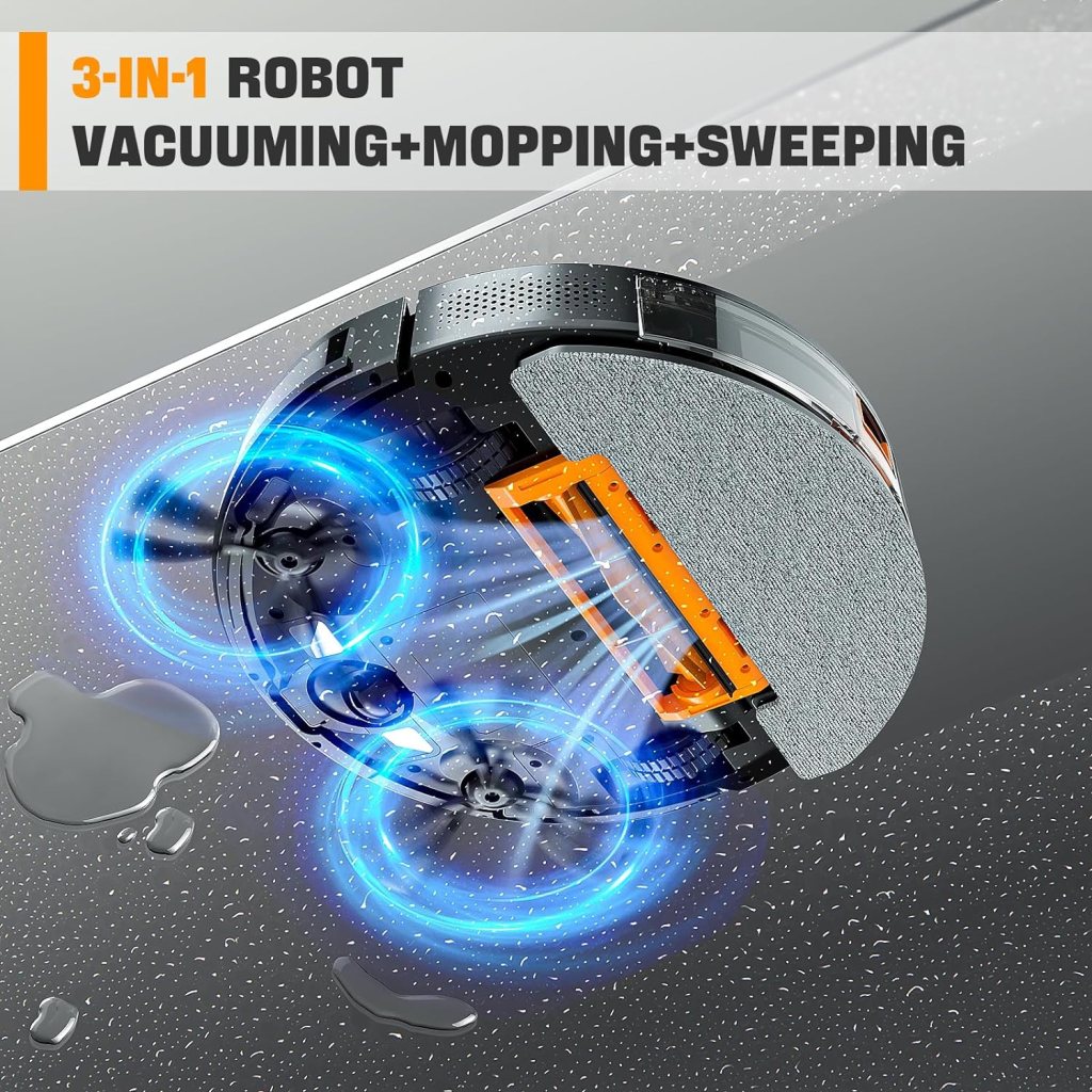 Robot Vacuum and Mop Combo, 3 in 1 Mopping Robotic Vacuum with Schedule, App/Bluetooth/Alexa, 1600Pa Max Suction, Self-Charging Robot Vacuum Cleaner, Slim, Ideal for Hard Floor, Pet Hair, Carpet