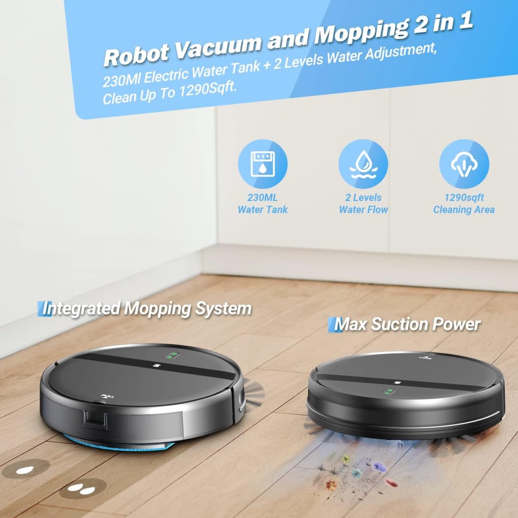 Robot Vacuum and Mop Combo, WiFi/App/Alexa, 2 in 1 Robot Vacuum Cleaner with Tangle-Free Cyclone Suction, Scheduled Cleaning, Automatic Recharge Robotic Vacuum Cleaner for Pet Hair, Low Carpet