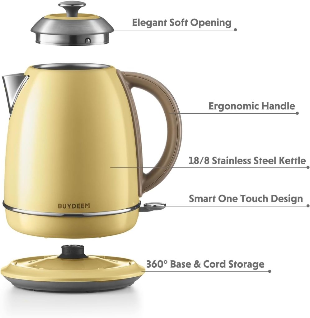 BUYDEEM K640N Stainless Steel Electric Tea Kettle with Auto Shut-Off and Boil Dry Protection, 1.7 Liter Cordless Hot Water Boiler with Swivel Base, 1440W, Cozy Greenish