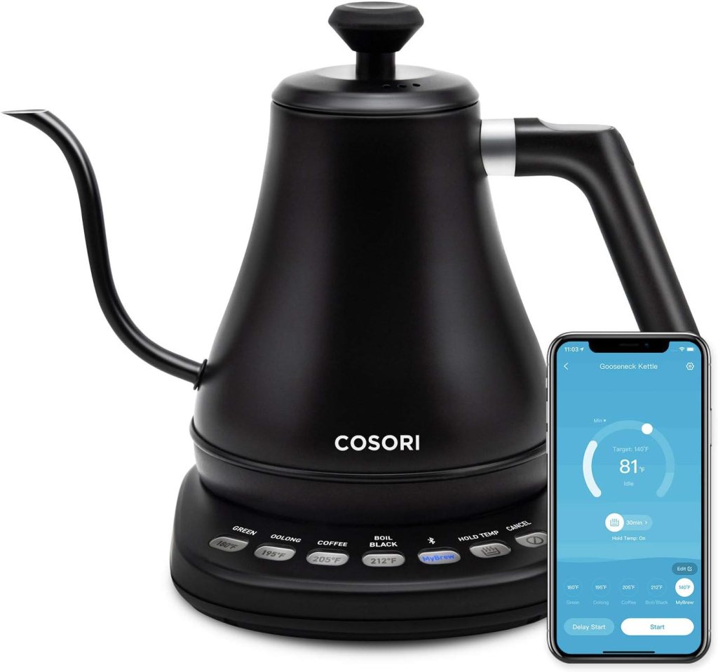 COSORI Electric Gooseneck Kettle Smart Bluetooth with Variable Temperature Control, Pour Over Coffee Kettle  Tea Kettle, 100% Stainless Steel Inner Lid  Bottom, Quick Heating, Matte Black