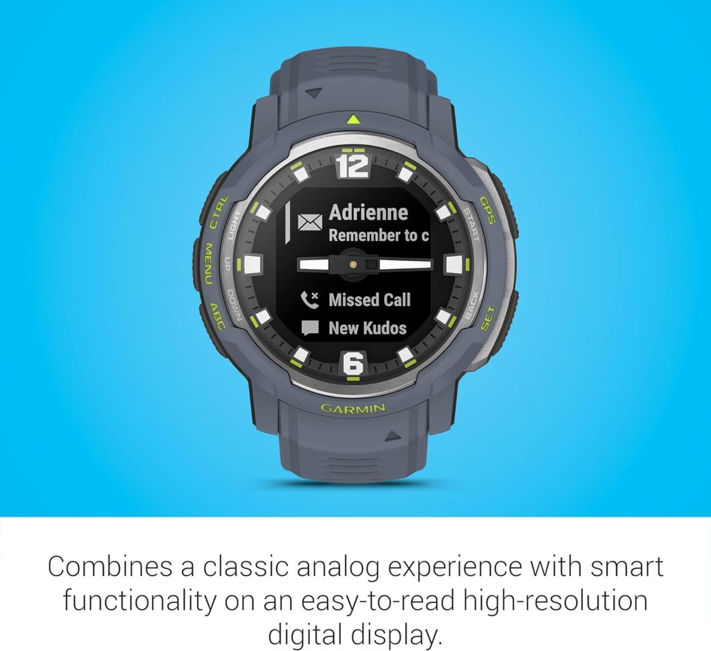 Garmin Instinct Crossover Solar, Rugged Hybrid Smartwatch with Solar Charging Capabilities, Analog Hands and Digital Display, Tidal Blue, Adjustable