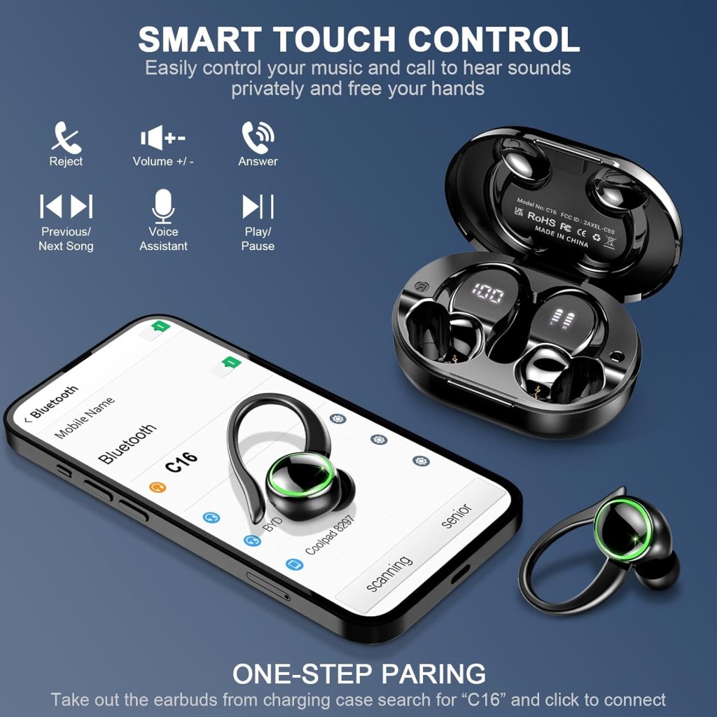 Headphones Bluetooth 5.3 Wireless Earbuds ENC Noise Cancelling Mic, Bass Stereo Over Ear buds with Earhooks, 48H Playback and Dual LED Display, IP7 Waterproof Earphones for Sports/Workouts/Gym/Gaming Headphones Bluetooth 5.3 Wireless Earbuds ENC Noise Cancelling Mic, Bass Stereo Over Ear buds with Earhooks, 48H Playback and Dual LED Display, IP7 Waterproof Earphones for Sports/Workouts/Gym/Gaming