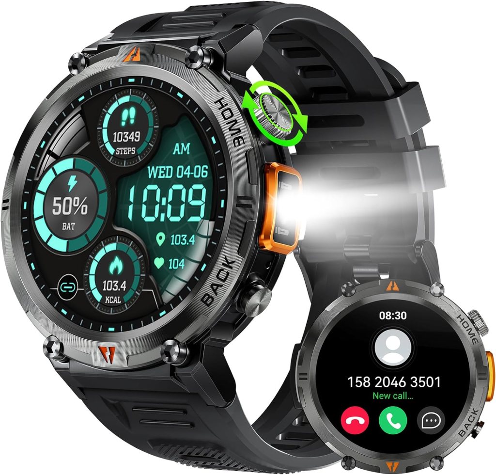 Military Smart Watch for Men (Call Receive/Dial) with LED Flashlight, 1.45 HD Outdoor Tactical Rugged Smartwatch, Sports Fitness Tracker Watch with Heart Rate Sleep Monitor for iPhone Android Phone