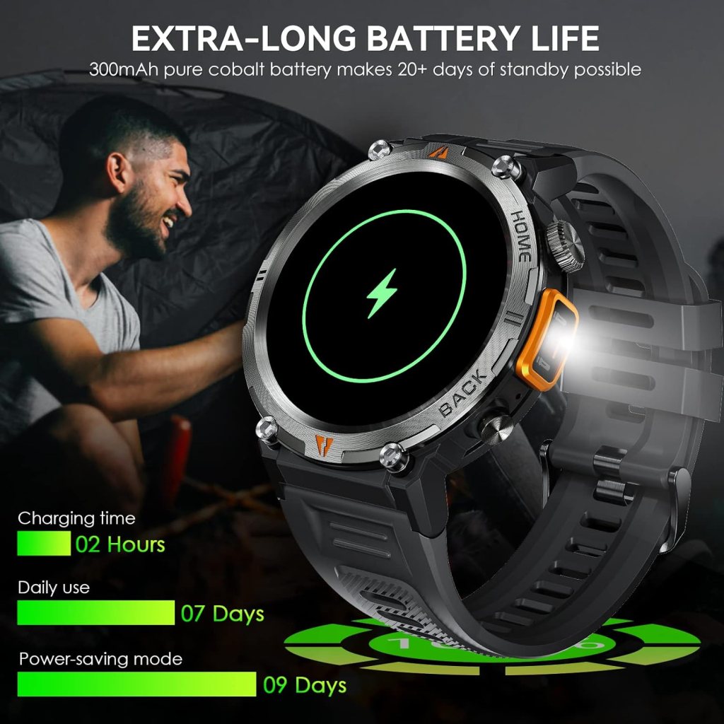 Military Smart Watch for Men (Call Receive/Dial) with LED Flashlight, 1.45 HD Outdoor Tactical Rugged Smartwatch, Sports Fitness Tracker Watch with Heart Rate Sleep Monitor for iPhone Android Phone